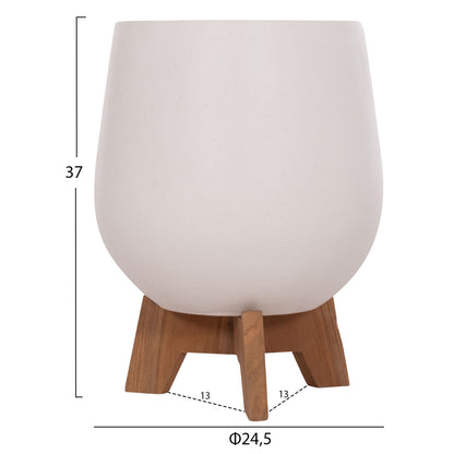 Set 3 Pots/vases With Teak Bases Tryll Hm4681.02 Fiber Cement In White