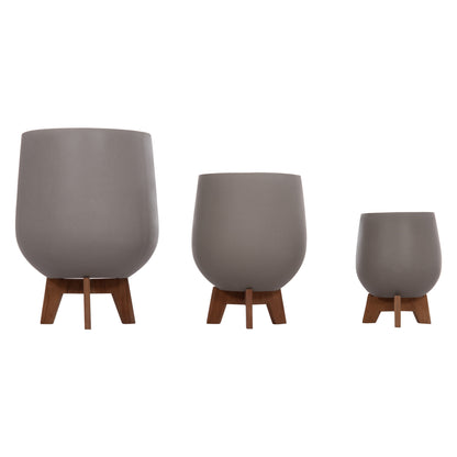 Set 3 Pots/vases With Teak Bases Tryll Hm4681.03 Fiber Cement In Grey