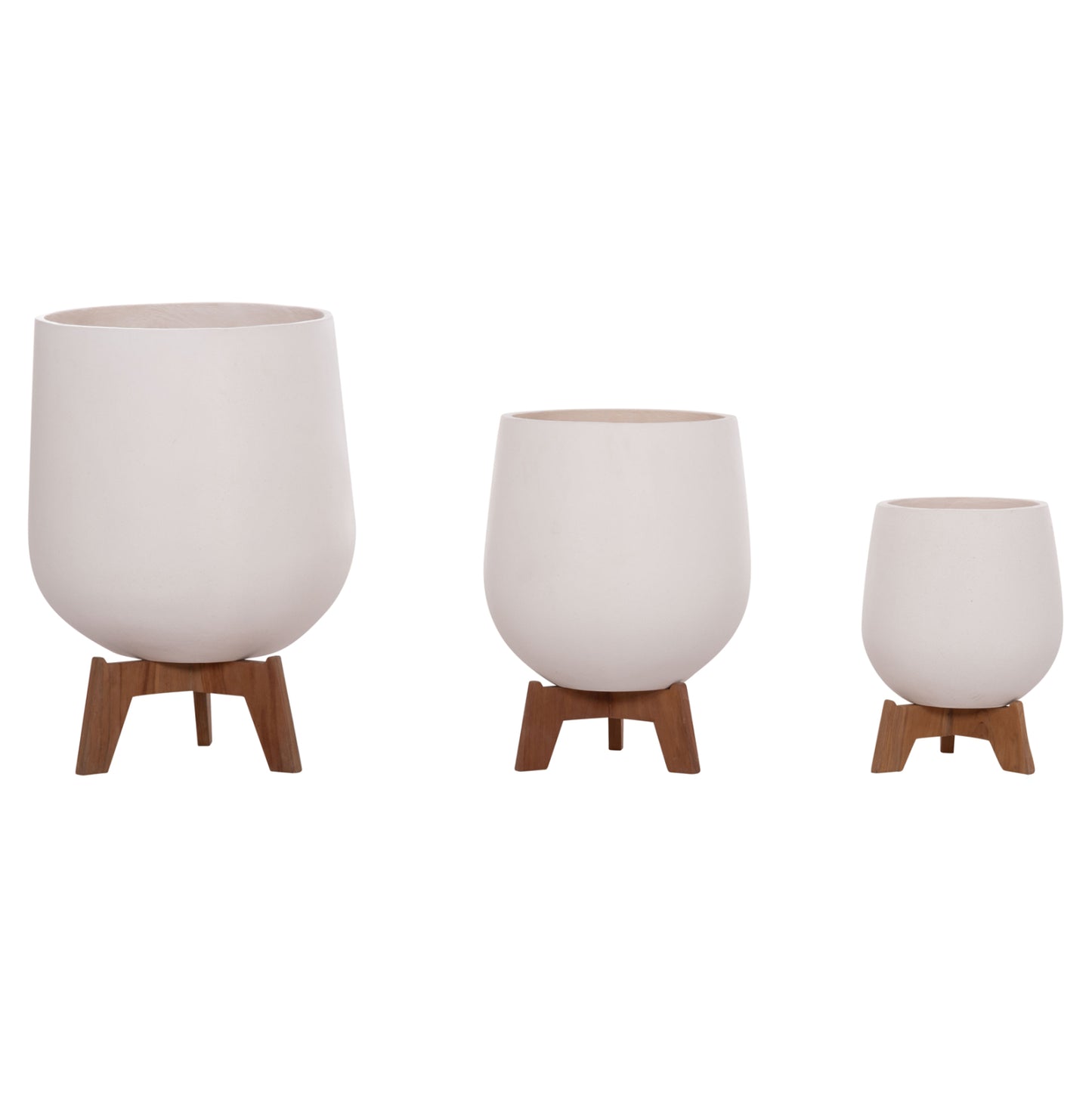Set 3 Pots/vases With Teak Bases Tryll Hm4681.02 Fiber Cement In White