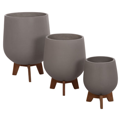 Set 3 Pots/vases With Teak Bases Tryll Hm4681.03 Fiber Cement In Grey