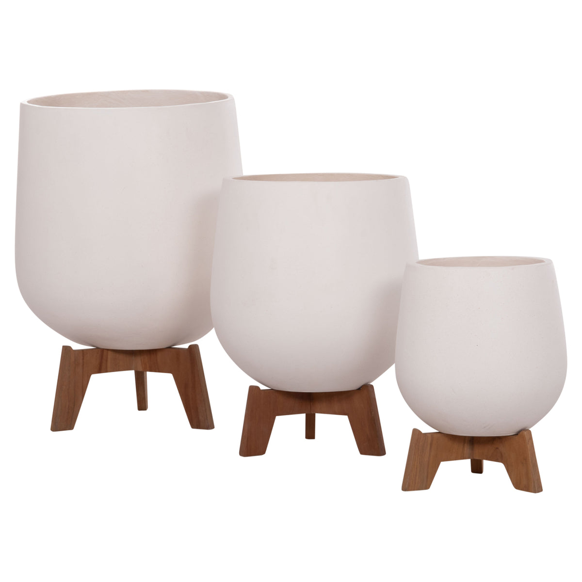 Set 3 Pots/vases With Teak Bases Tryll Hm4681.02 Fiber Cement In White