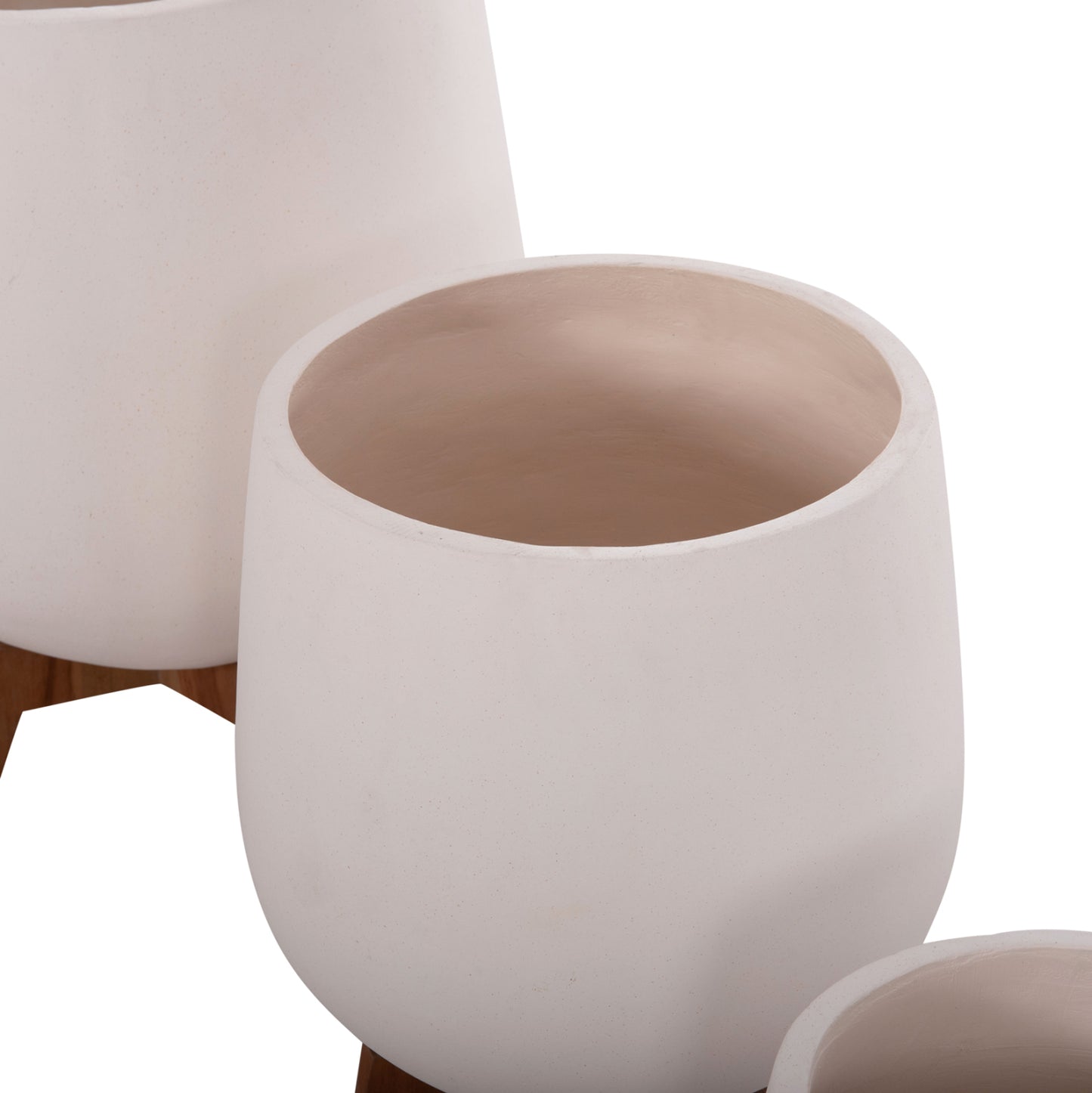 Set 3 Pots/vases With Teak Bases Tryll Hm4681.02 Fiber Cement In White