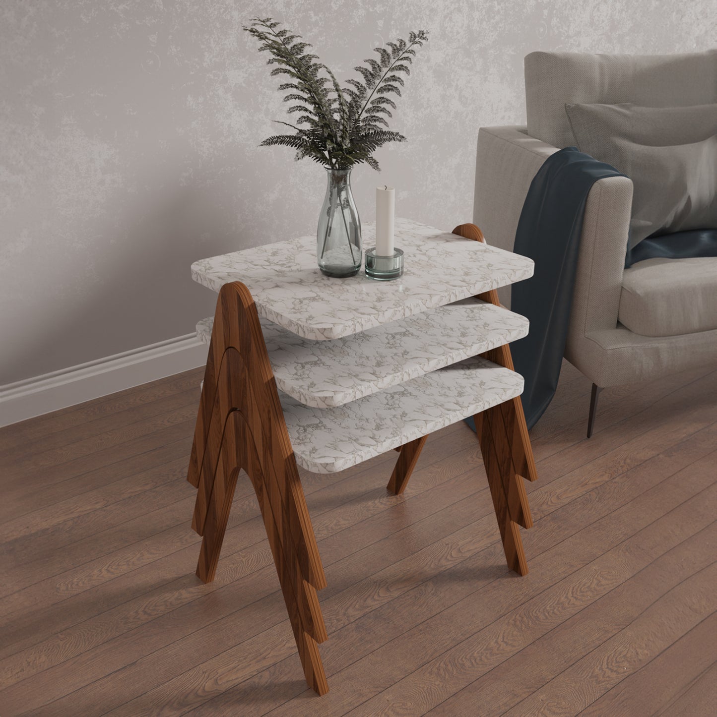 Side Tables 3pcs Set Reacher Hm18176.03 Melamine In Walnut-white Marble Top 40x30x40hcm.