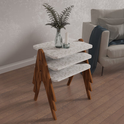 Side Tables 3pcs Set Reacher Hm18176.03 Melamine In Walnut-white Marble Top 40x30x40hcm.