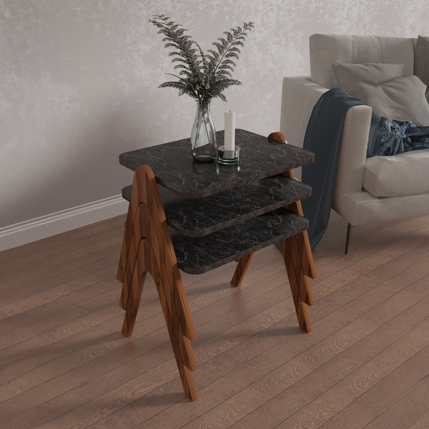 Side Tables 3pcs Set Reacher Hm18176.02 Melamine In Walnut-black Marble Top 40x30x40hcm.