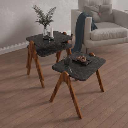 Side Tables 3pcs Set Reacher Hm18176.02 Melamine In Walnut-black Marble Top 40x30x40hcm.