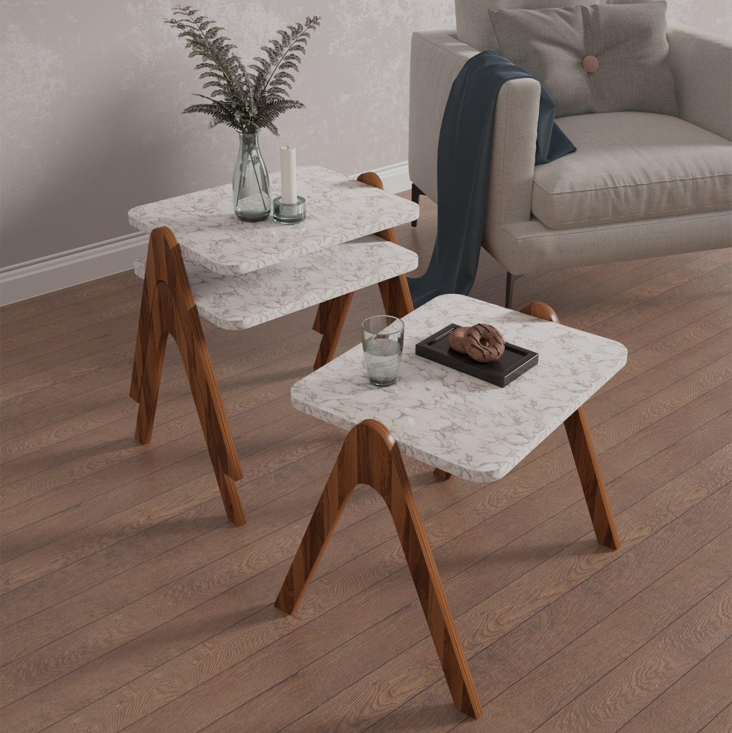 Side Tables 3pcs Set Reacher Hm18176.03 Melamine In Walnut-white Marble Top 40x30x40hcm.