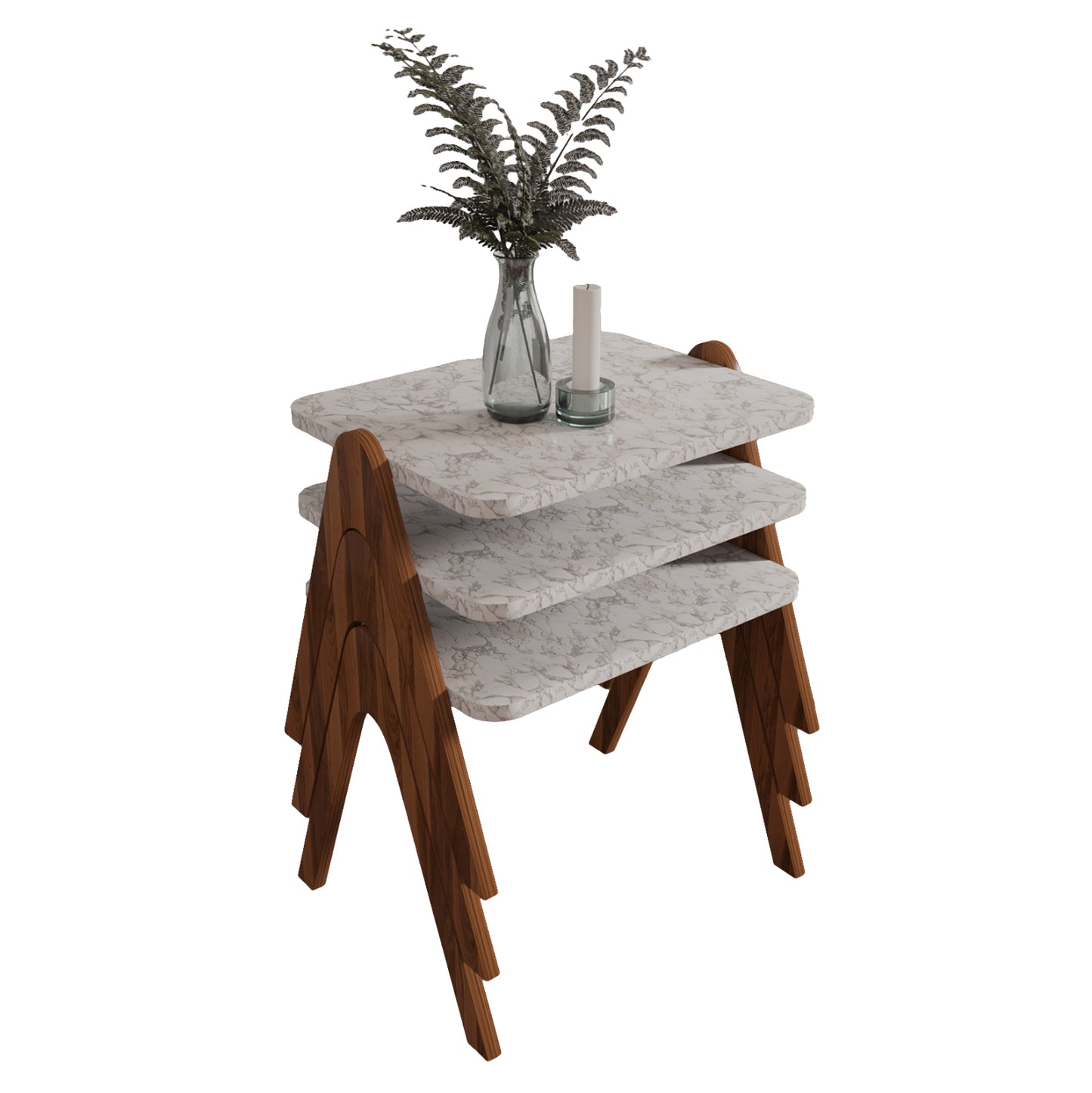 Side Tables 3pcs Set Reacher Hm18176.03 Melamine In Walnut-white Marble Top 40x30x40hcm.