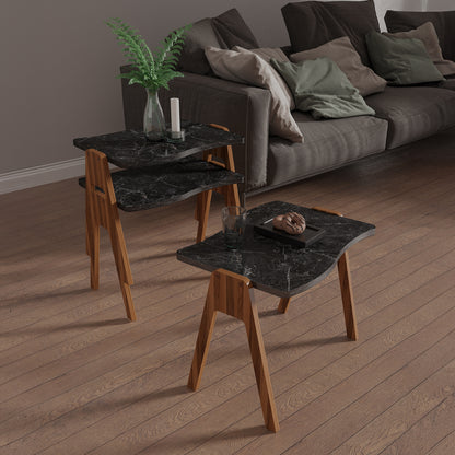 Side Tables 3pcs Set Essent Hm18175.02 Melamine In Walnut-black Marble Top 45x35x40hcm.