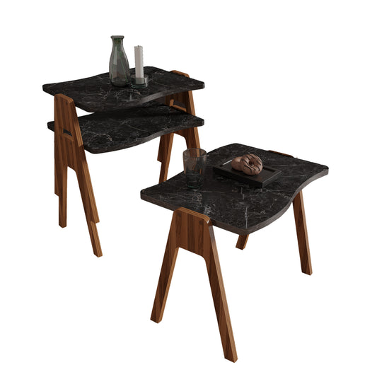 Side Tables 3pcs Set Essent Hm18175.02 Melamine In Walnut-black Marble Top 45x35x40hcm.