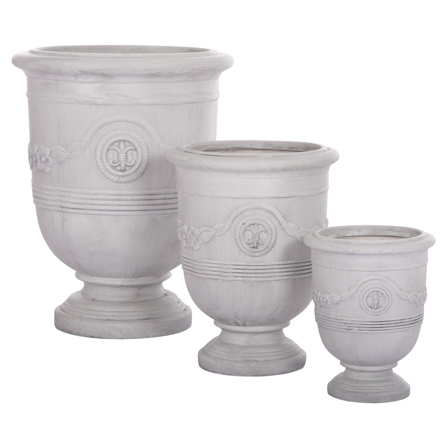 Garden Planters With Relief Designs Set 3pcs Gardener Hm4729 Fiberclay In Off White Φ58x72.5hcm.