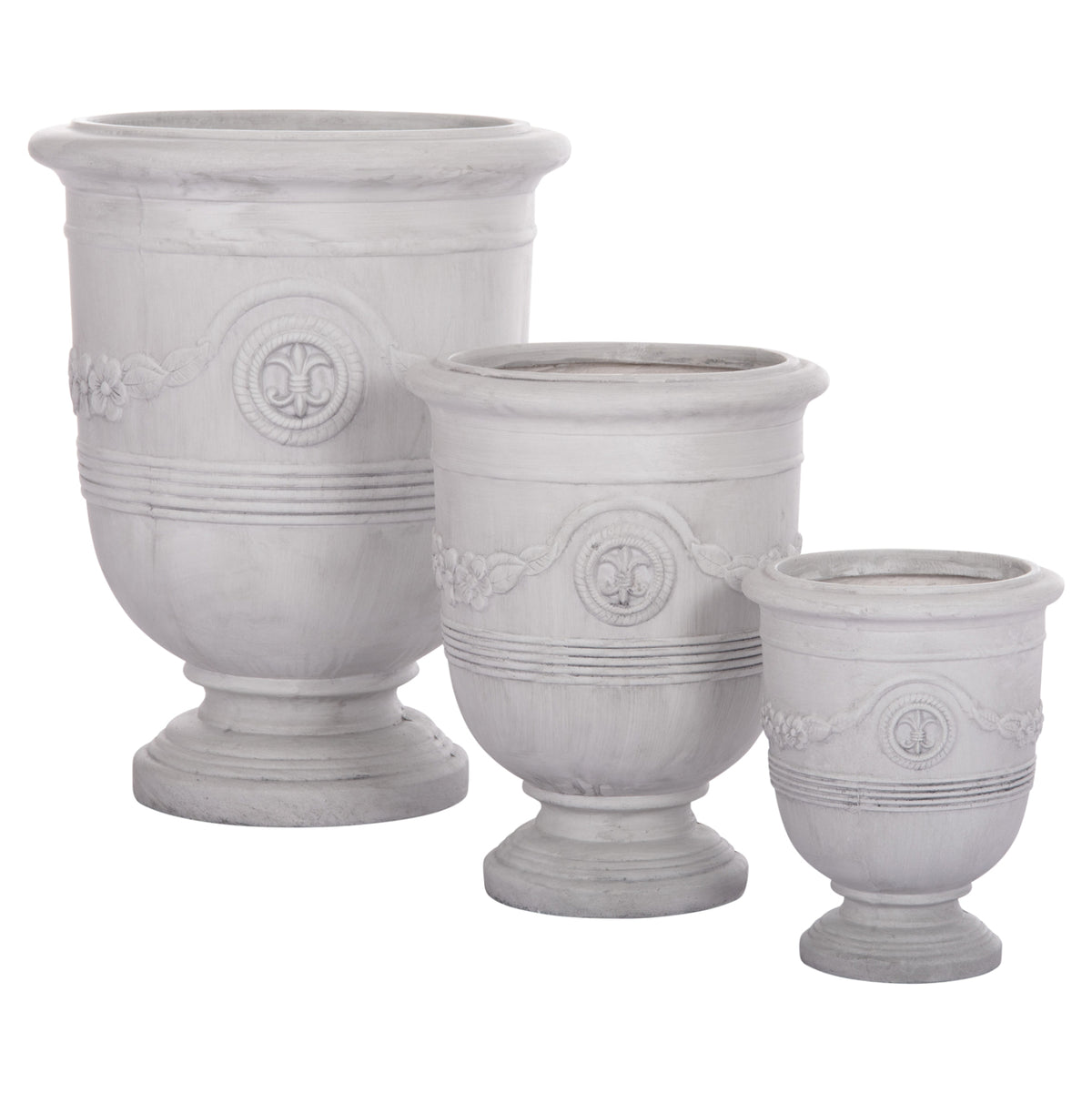 Garden Planters With Relief Designs Set 3pcs Gardener Hm4729 Fiberclay In Off White Φ58x72.5hcm.