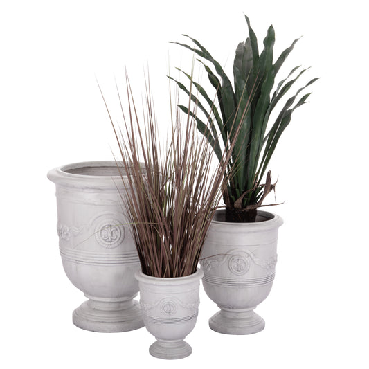 Garden Planters With Relief Designs Set 3pcs Gardener Hm4729 Fiberclay In Off White Φ58x72.5hcm.