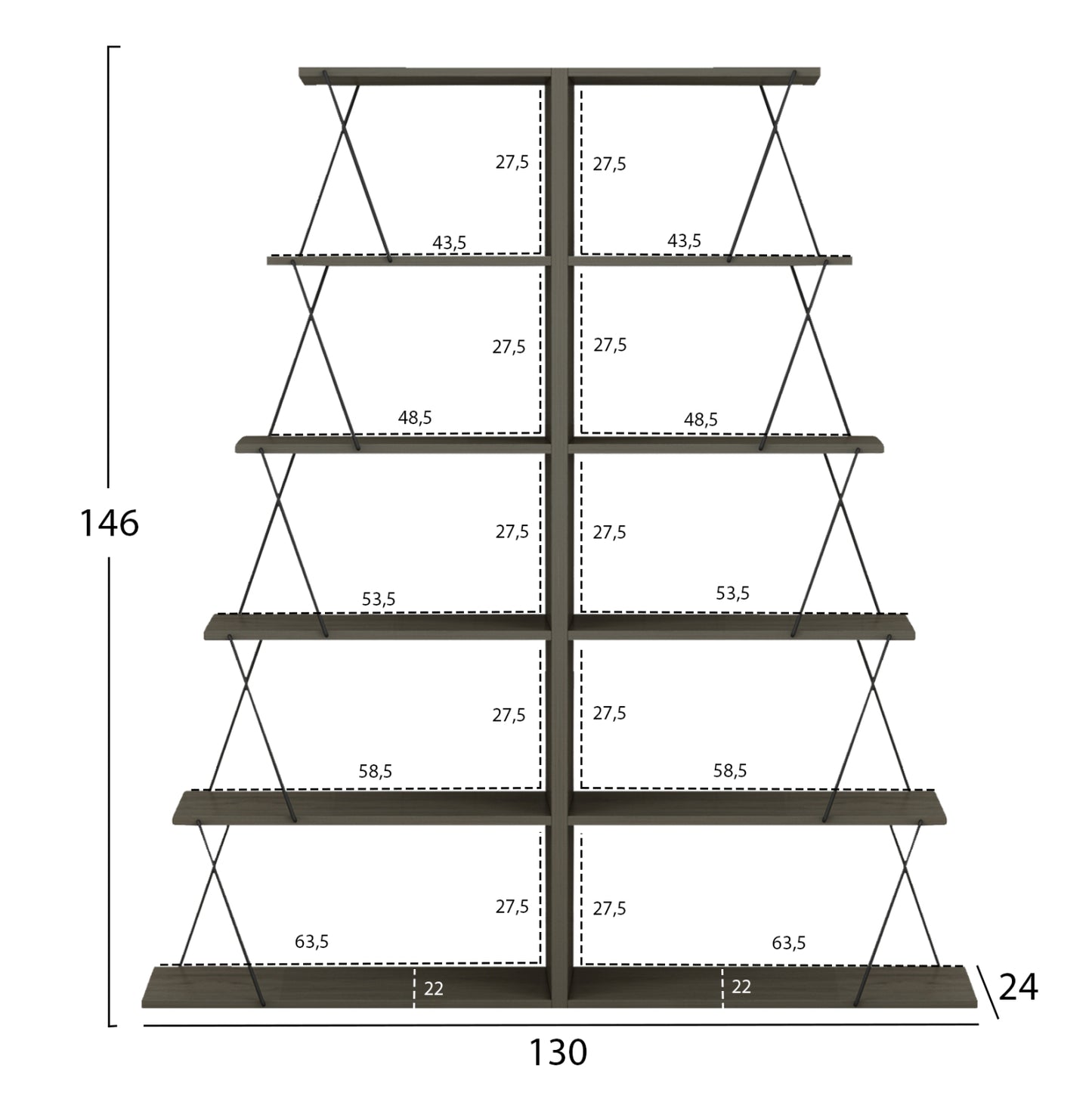 Bookcases 2pcs Set Mini Tars Hm11772.13 Melamine In Olive Grey Color-black Metal Rods 65x24x146hcm.(x2)
