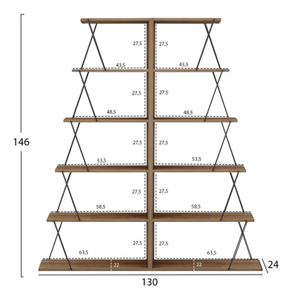 Bookcases 2pcs Set Mini Tars Hm11772.14 Melamine In Oak Color-black Metal Rods 65x24x146hcm.(x2)