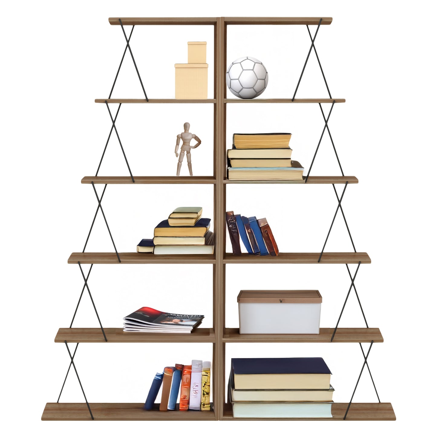 Bookcases 2pcs Set Mini Tars Hm11772.14 Melamine In Oak Color-black Metal Rods 65x24x146hcm.(x2)