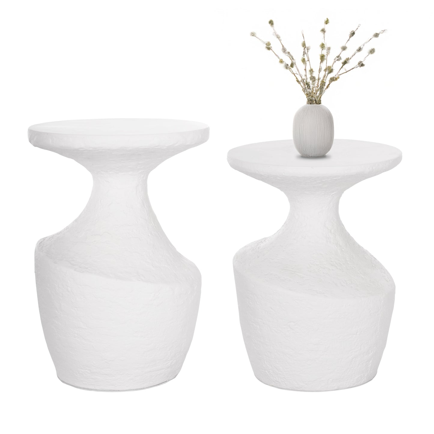 Side Tables 2pcs Set Rebon Hm21137.02 Fiber Cement In White--Φ40cm & Φ27.5cm