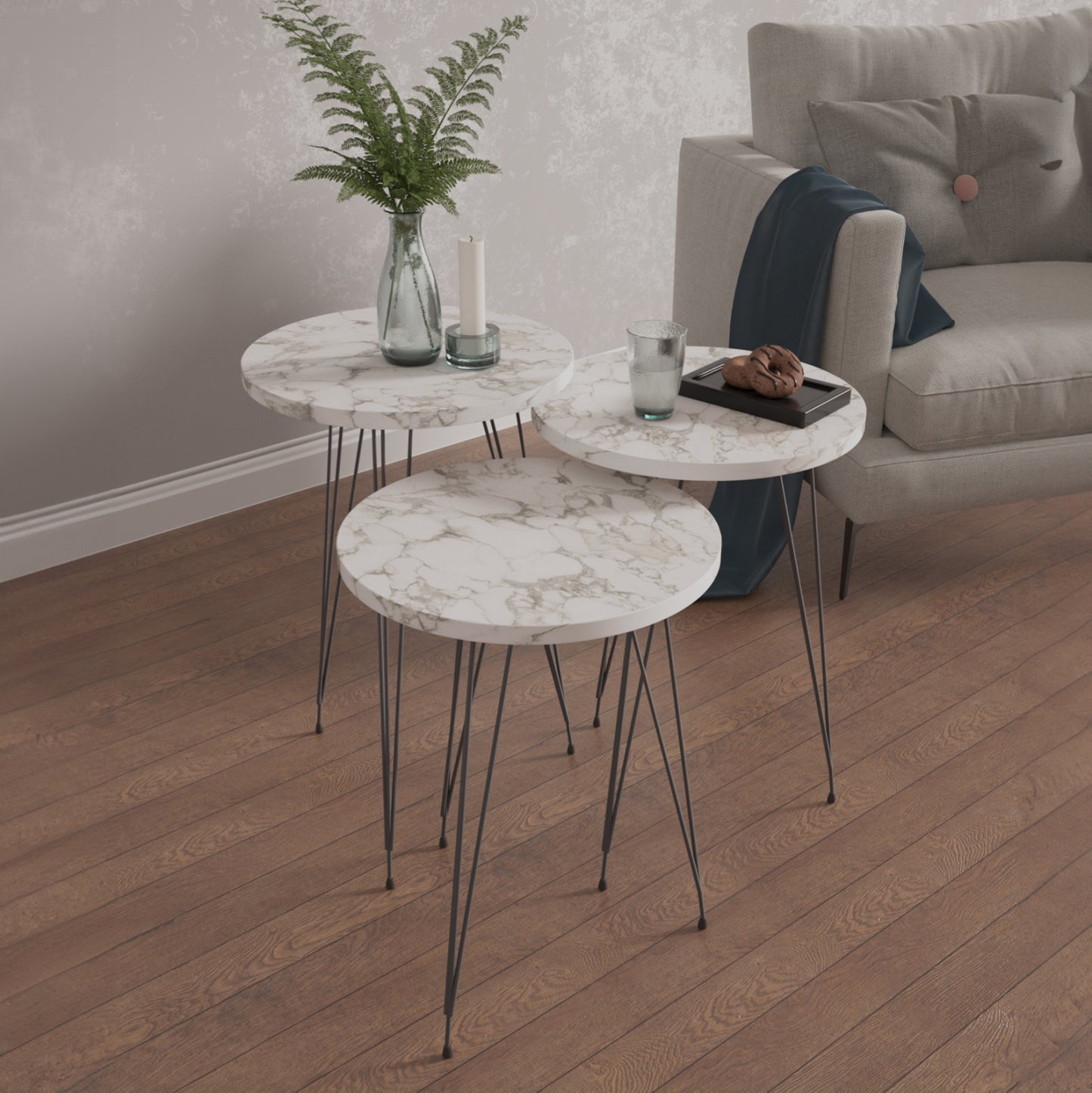 Set Of 3 Round Side Tables Nissa Hm18173.01 Melamine In White Marble-black Metal Legs