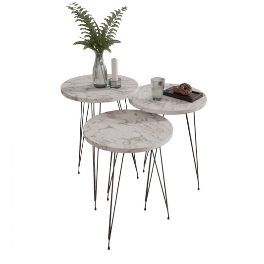 Set Of 3 Round Side Tables Nissa Hm18173.01 Melamine In White Marble-black Metal Legs