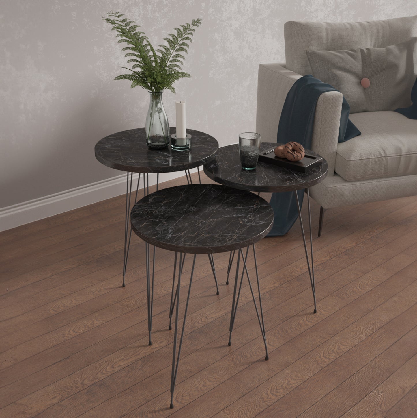 Set Of 3 Round Side Tables Nissa Hm18173.02 Melamine In Black Marble-black Metal Legs