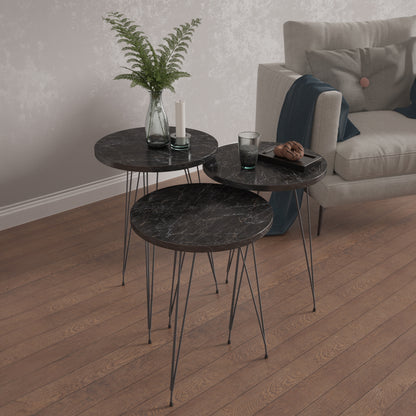 Set Of 3 Round Side Tables Nissa Hm18173.02 Melamine In Black Marble-black Metal Legs