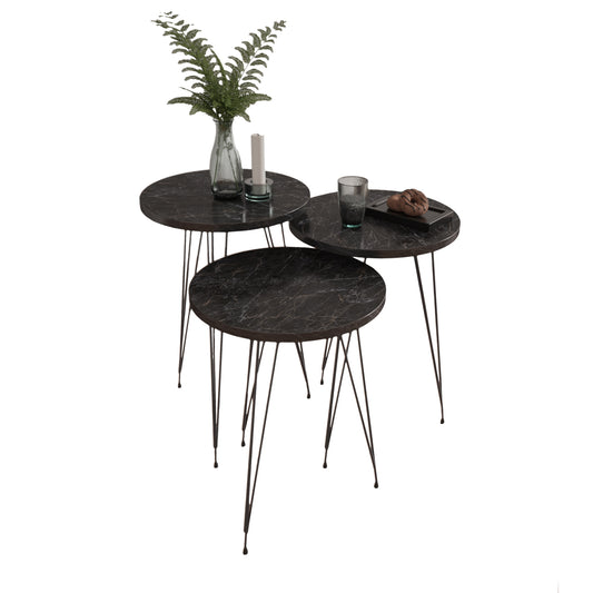 Set Of 3 Round Side Tables Nissa Hm18173.02 Melamine In Black Marble-black Metal Legs