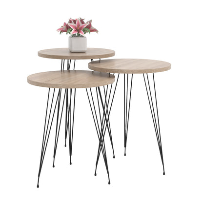 Set Of 3 Round Side Tables Nissa Hm18173.03 Melamine In Sonama-black Metal Legs
