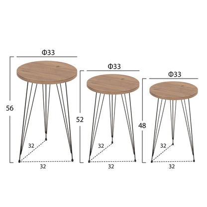 Set Of 3 Round Side Tables Nissa Hm18173.04 Melamine In Natural Wood Color-black Metal Legs