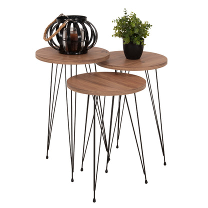 Set Of 3 Round Side Tables Nissa Hm18173.04 Melamine In Natural Wood Color-black Metal Legs