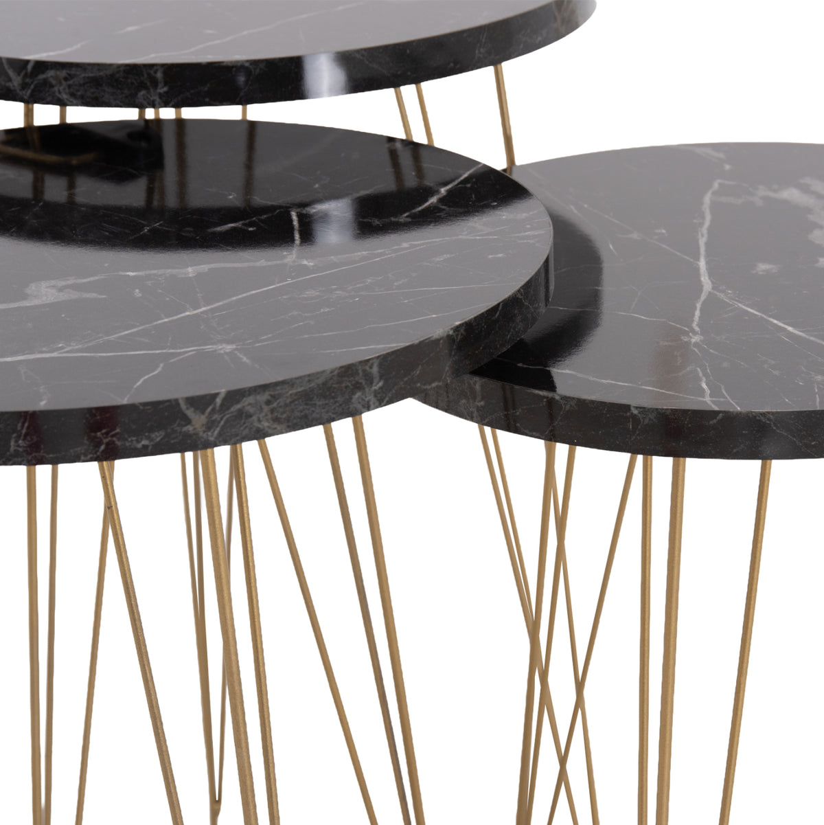 Set Of 3 Round Side Tables Nissa Hm18173.12 Melamine In Black Marble--gold Metal Legs