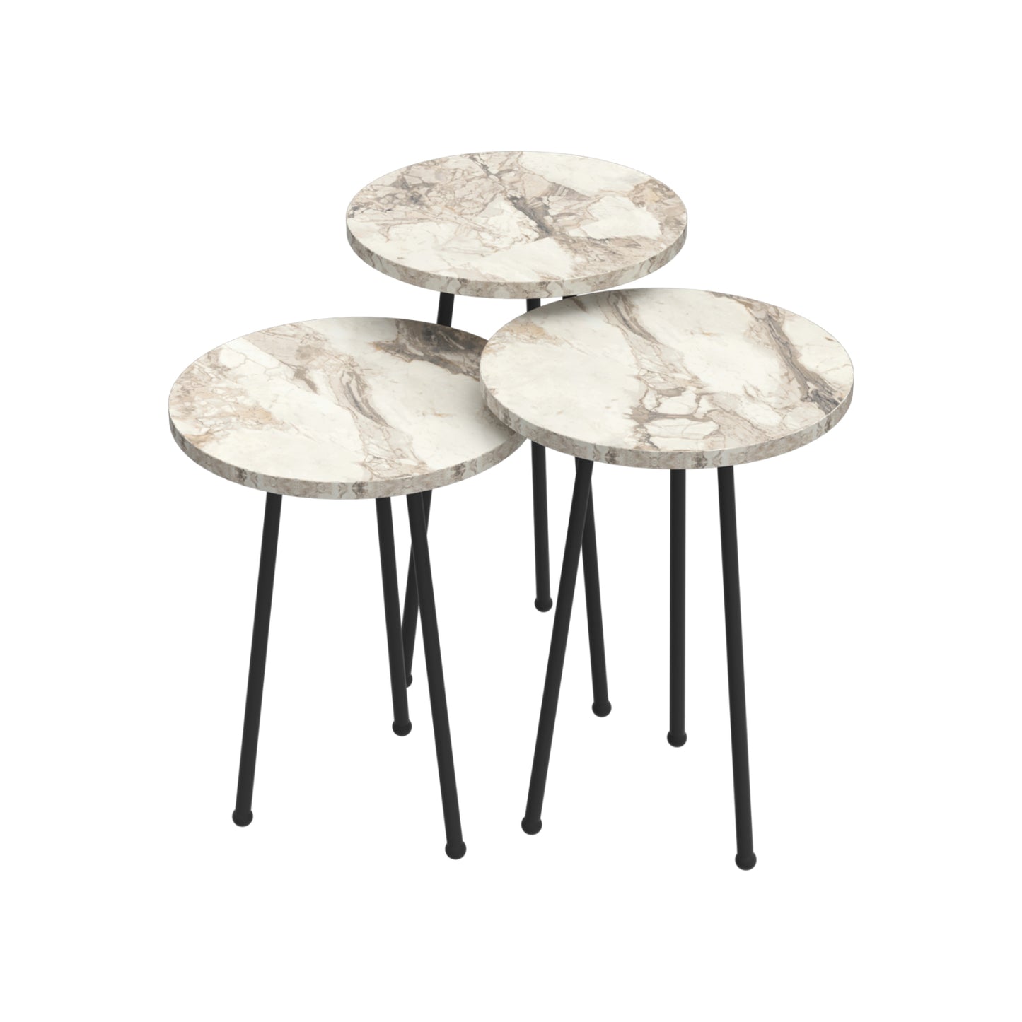 Set Of 3 Round Side Tables Kissa Hm18174.01 Melamine In White Marble Color-black Metal Legs