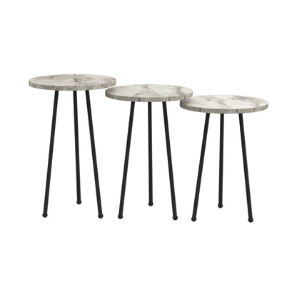 Set Of 3 Round Side Tables Kissa Hm18174.01 Melamine In White Marble Color-black Metal Legs