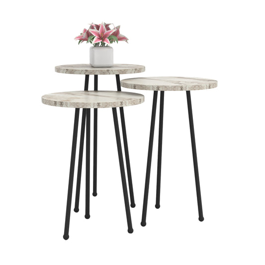 Set Of 3 Round Side Tables Kissa Hm18174.01 Melamine In White Marble Color-black Metal Legs