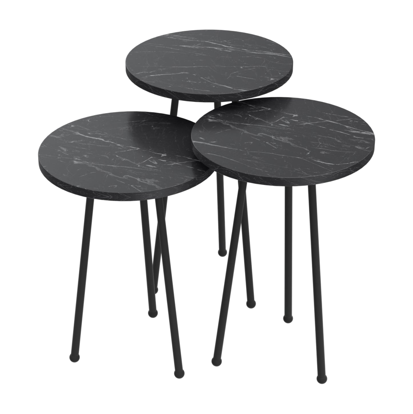 Set Of 3 Round Side Tables Kissa Hm18174.02 Melamine In Black Marble Color-black Metal Legs