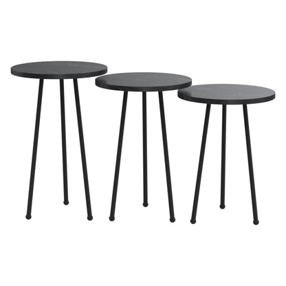 Set Of 3 Round Side Tables Kissa Hm18174.02 Melamine In Black Marble Color-black Metal Legs