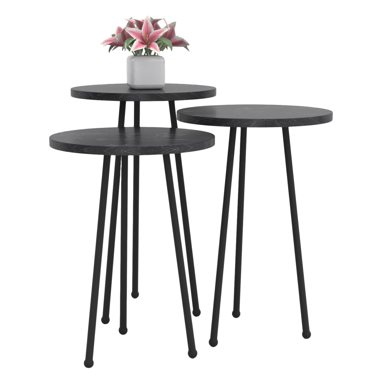 Set Of 3 Round Side Tables Kissa Hm18174.02 Melamine In Black Marble Color-black Metal Legs