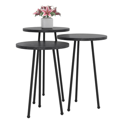 Set Of 3 Round Side Tables Kissa Hm18174.02 Melamine In Black Marble Color-black Metal Legs