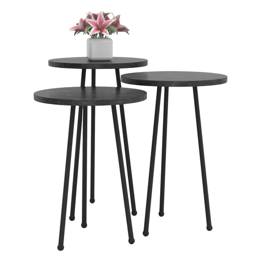 Set Of 3 Round Side Tables Kissa Hm18174.02 Melamine In Black Marble Color-black Metal Legs