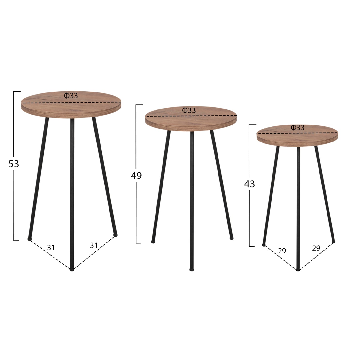 Set Of 3 Round Side Tables Kissa Hm18174.04 Melamine In Natural Wood Color-black Metal Legs