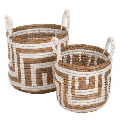 2-piece Set Of Decorative Baskets Hm7846.01 Mendong Grass In Natural-white Color Φ36x32-40hcm.