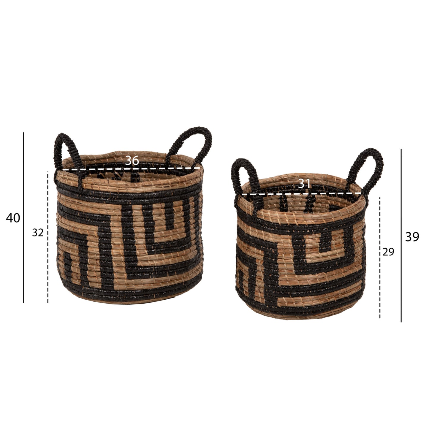 2-piece Set Of Decorative Baskets Hm7846.02 Mendong Grass In Natural-black Color Φ36x32-40hcm.