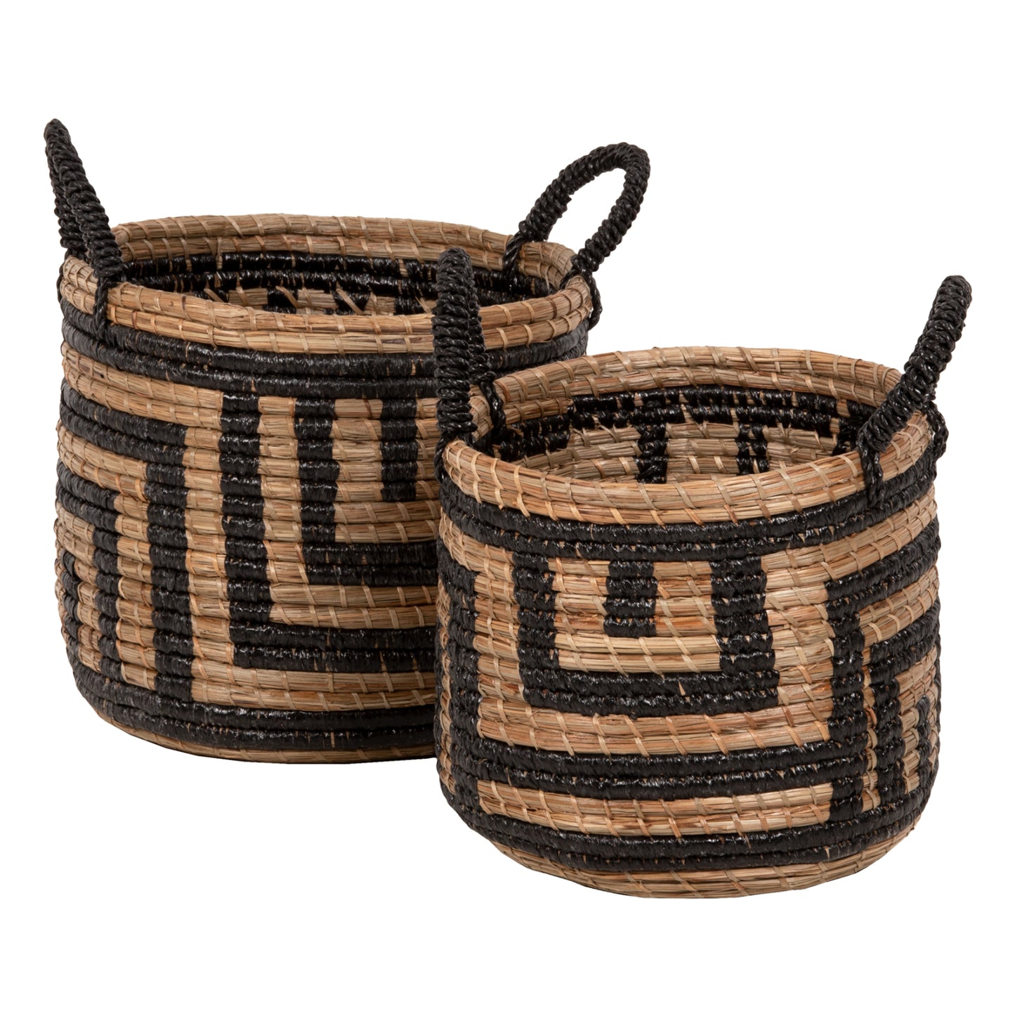 2-piece Set Of Decorative Baskets Hm7846.02 Mendong Grass In Natural-black Color Φ36x32-40hcm.