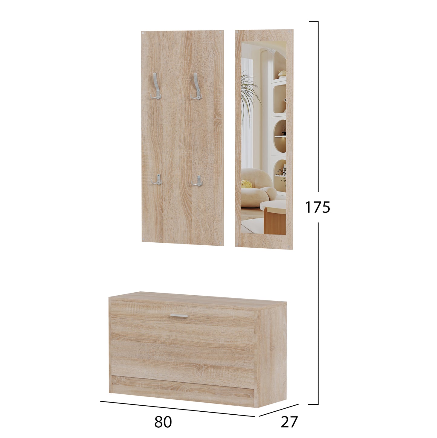 Entryway Set With Mirror Vern Hm2476.01 Melamine In Sonama 80x27x175hcm.