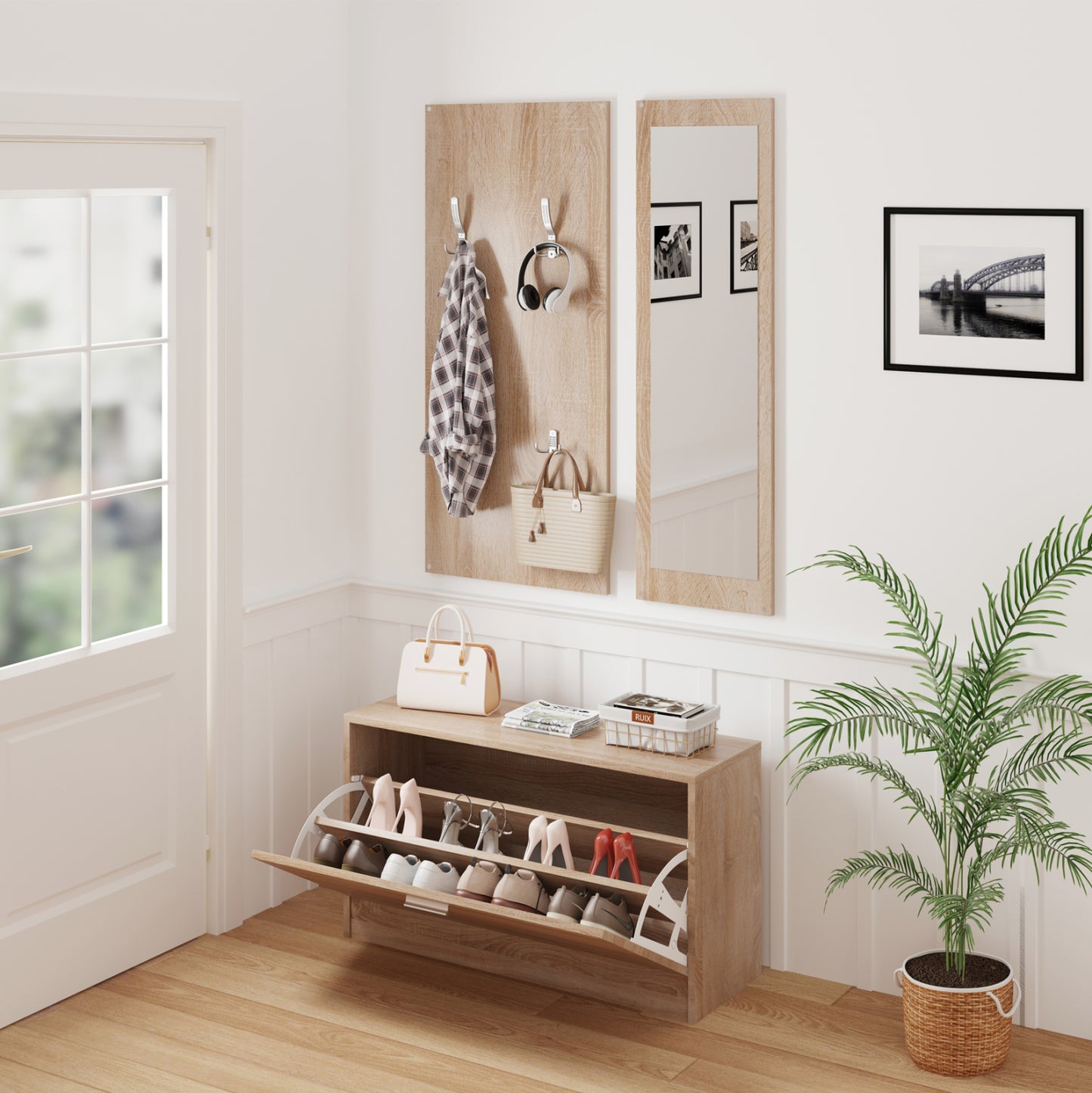 Entryway Set With Mirror Vern Hm2476.01 Melamine In Sonama 80x27x175hcm.