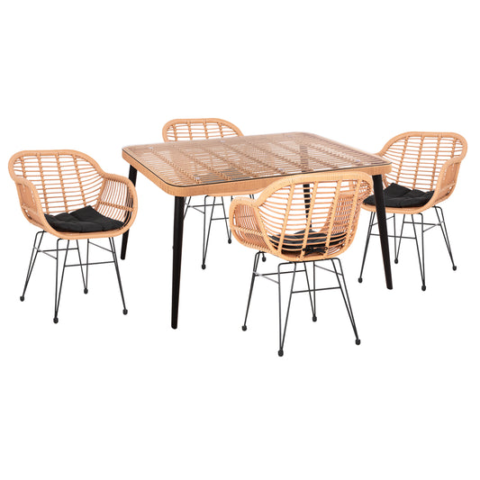 Outdoor Dining Set 5pcs Allegra Hm21027 In Beige&black Color Wicker-metal