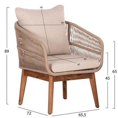 Outdoor Lounge Set 3pcs Ruth Hm6229 Acacia Wood--rope-metal Frame-cushions In Beige
