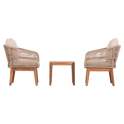 Outdoor Lounge Set 3pcs Ruth Hm6229 Acacia Wood--rope-metal Frame-cushions In Beige