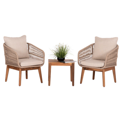 Outdoor Lounge Set 3pcs Ruth Hm6229 Acacia Wood--rope-metal Frame-cushions In Beige