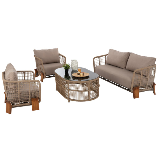 Outdoor Set Oxford 4pcs Iroko Rope Tempered Glass Hm5884.01