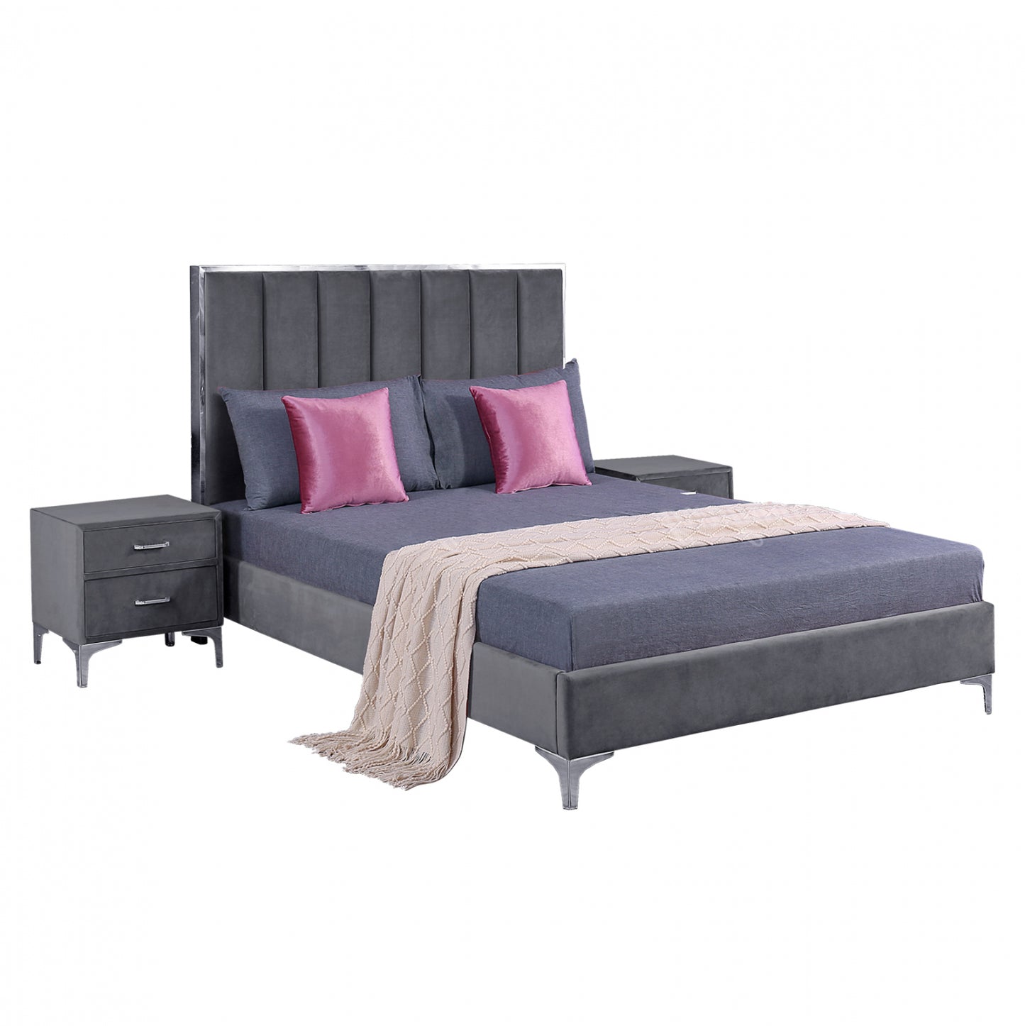 Set Bedroom 3 Pieces Velvet Grey Hm11257.01